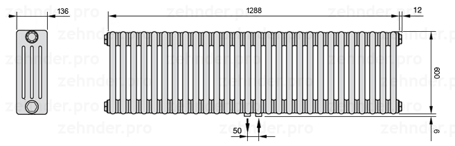 Схема (чертеж) Радиатор Zehnder Charleston 4060/28 №5410 Белый глянцевый RAL 9016